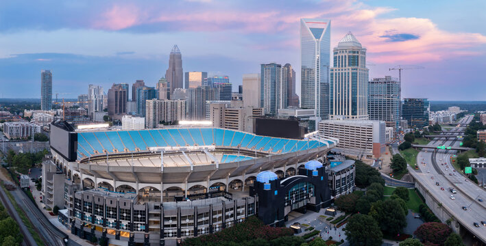 Bank of America Stadium and downtown city skyline of skyscrapers