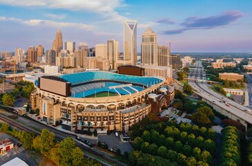 Bank of America Stadium and downtown city skyline of skyscrapers, Charlotte, North Carolina, United States.