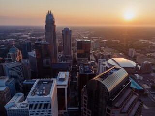 Downtown Charlotte city skyline of skyscrapers at sunrise, Charlotte, North Carolina, United States.