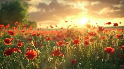 Red Poppies Blooming in a Field at Sunset