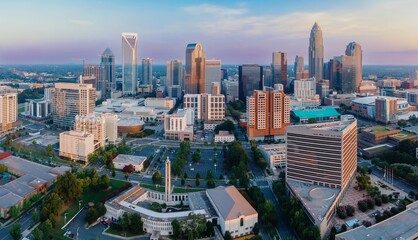 Downtown Charlotte city skyline of skyscrapers at sunrise, Charlotte, North Carolina, United States.