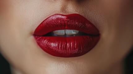 Obraz premium Close-up of lips adorned with bold red lipstick, emphasizing beauty and makeup artistry.