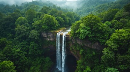 aerial view of a waterfall in forest, waterfall in the jungle, tropical landscape in the jungl