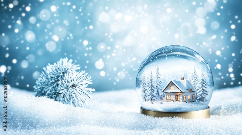 Poster snow globe with winter cabin and trees on a snowy background