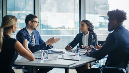 Diverse business team people having discussion at office meeting. International professional executives board group working on corporate financial strategy sitting at conference table and talking