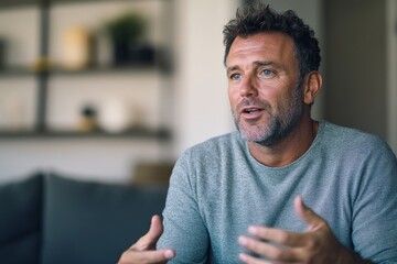 Middle-aged man speaking expressively while gesturing with his hands during a conversation

