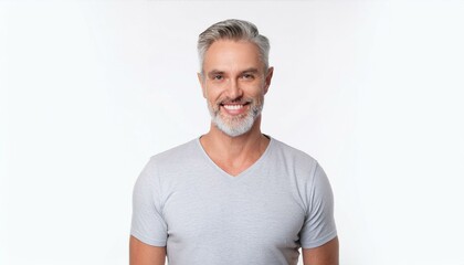 Obraz premium Smiling mature man wearing t-shirt isolated on white background. Portrait. Happy middle aged older guy, confident mid adult handsome bearded gray-haired male model in his 40s looking at camera