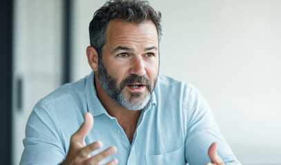 Middle-aged man talking passionately during an interview or conversation
