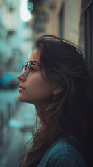 Obraz premium Thoughtful Young Woman with Glasses in Urban Setting Depicting Contemplation and Solitude ? Photograph Ideal for Lifestyle and States of Mind Themes