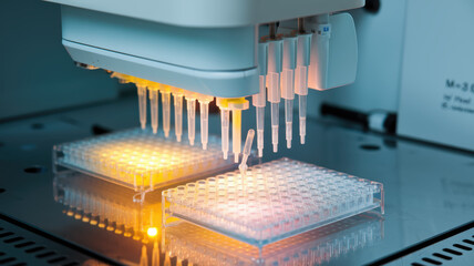 Laboratory pipetting robot with illuminated plates, white isolate background.