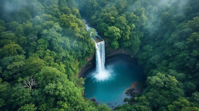 aerial view of a waterfall in forest, waterfall in the jungle, tropical landscape in the jungl