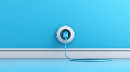 Blue Electrical Outlet with a Plugged-In Cord on a Blue Wall