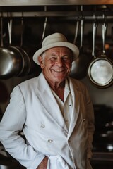 Elderly man in a white hat and uniform standing in a kitchen, smiling warmly
