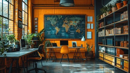 Modern Office with World Map and Bookshelves