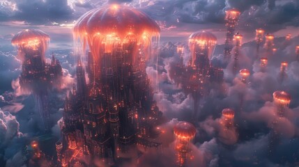 Floating Cityscape with Glowing Jellyfish