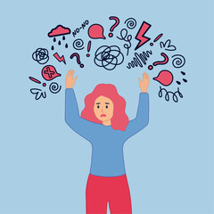 Burnout. Character get too much information. Concussed female person surrounded symbols of overload. Scared woman putting her hands over her ears. Vector flat color illustration.
