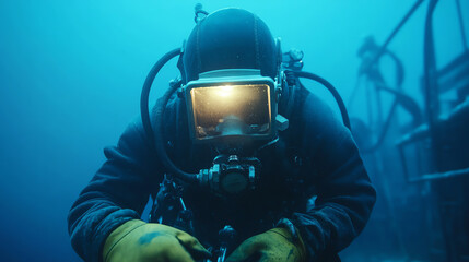 A deep-sea diver with a helmet explores the underwater world, showcasing the mysteries of the ocean and advanced diving technology in a serene blue environment.