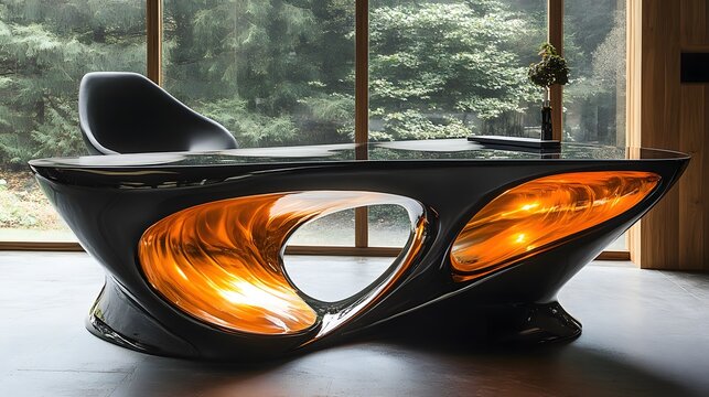 Sleek modern dining room with futuristic chairs, smart lighting, and a minimalist table design