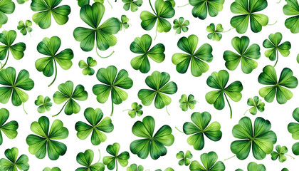 repeat pattern of hand drawn watercolor green shamrock leaves isolated with white highlights, png