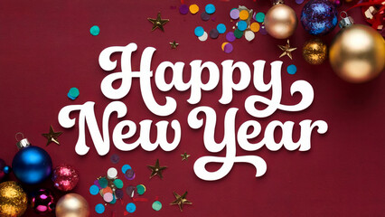 A vibrant and festive setting with a deep red background. On this backdrop, there's a white, cursive text that reads 'Happy New Year'. Surrounding the text are a variety of decorative elements. 