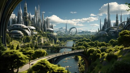 Futuristic Cityscape with River and Green Hills