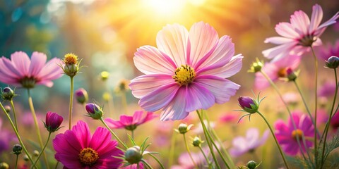 Fototapeta premium A timeless display of cosmos flowers dancing in the wind, showcasing vibrant hues—a must-see for lovers of nature and colorful floral artistry.