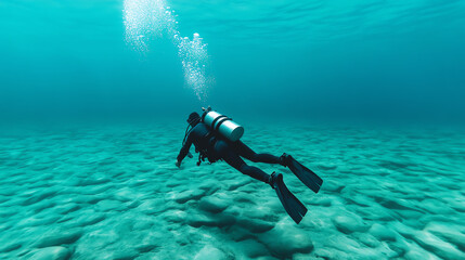 A scuba diver explores the tranquil underwater world, surrounded by crystal clear water and sandy ocean floor, capturing the beauty and serenity of marine life.