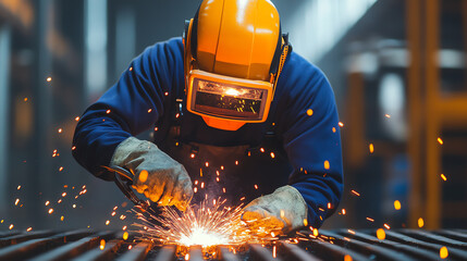 A skilled welder in protective gear working on metal fabrication, sparks flying in a workshop setting, showcasing the intense concentration and craftsmanship involved in the indust