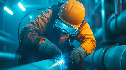 A skilled worker in protective gear welding metal pipes in a dimly lit industrial setting, showcasing precision and expertise in a crucial manufacturing process.