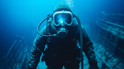 Underwater diver exploring a sunken shipwreck, surrounded by deep blue water, showcasing the adventurous spirit of underwater exploration.
