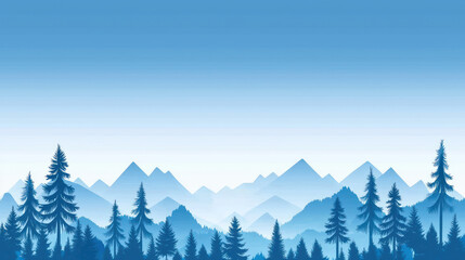 Fototapeta premium serene landscape featuring layered mountains and tall evergreen trees in various shades of blue, creating tranquil and calming atmosphere.