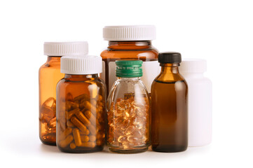 Close up. Collection of Supplement bottle on white background. Alternative medication concept.