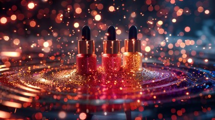Three glittering nail polish bottles on a shimmering surface with sparkling bokeh lights.