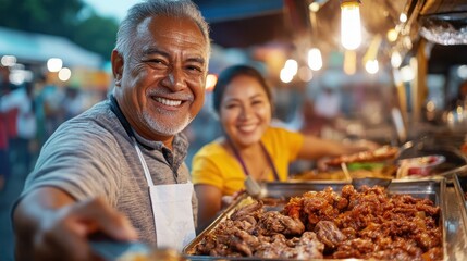 Older food vendors serve delicious dishes at a lively night market, expressing happiness and energy, their warmth enhancing the vibrant culinary atmosphere.