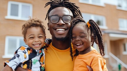 A smiling father and his two laughing children pose together, creating a lively, familial portrait in front of a brick building, celebrating joy and unity.