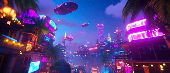 Neon cityscape with flying cars