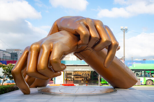 South Korea, Seoul - August 13, 2024: Golden hands monument symbolizing Gangnam Style, at COEX.