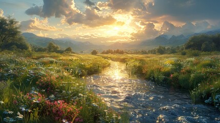 Serene Sunset Over a Mountain River