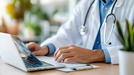 Fototapeta premium A doctor in a white lab coat types on a laptop, seated in a professional office setting. This depicts modern medical practice and technology in healthcare.