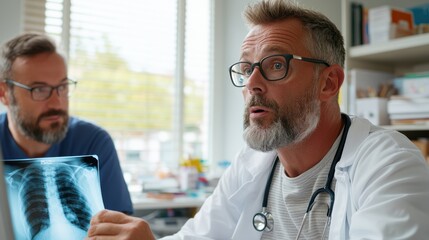 A male doctor with a beard discusses X-ray results, engaging his colleague in a medical office. The image captures collaboration and detailed analysis.