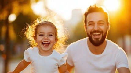 A joyful father and his daughter enjoy a sunny day outdoors, sharing laughter and creating cherished memories in a natural, playful park environment.
