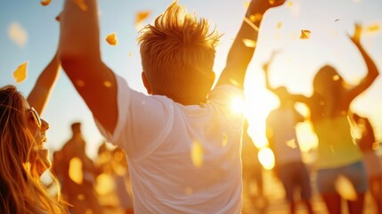 A rear view shot of a joyous crowd celebrating as colorful confetti flies through the air, creating a festive and energetic atmosphere during a sunny occasion.