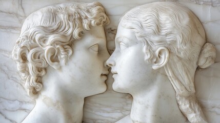 Obraz premium Elegant marble sculpture of two young lovers in a close embrace, highlighting intricate details and expressions, located in an art gallery