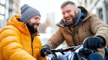 Fototapeta premium Dressed in winter jackets, two men enjoy a cheerful conversation while embarking on a cycling trip, emphasizing friendship and exploration in cold weather.