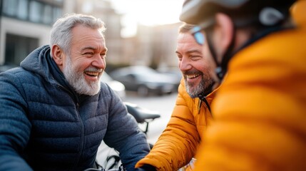 A joyful scene of an elderly man sharing a laugh with his friends during a bicycle ride, capturing the essence of friendship and outdoor leisure in urban settings.