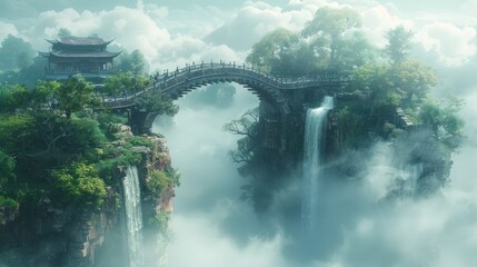 Mystical Bridge and Waterfall in the Clouds