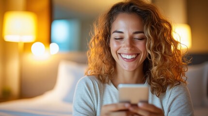 A woman with a warm smile, holding her smartphone, texting happily in a softly lit bedroom, reflecting comfort, connection, and modern lifestyle emotions.