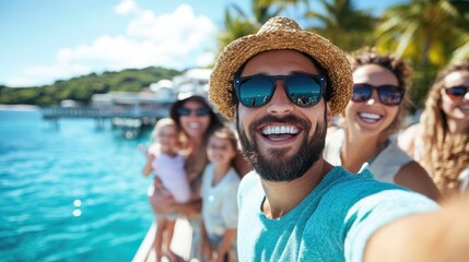 A lively family group smiles broadly on a clear day, enjoying a stroll along a tropical boardwalk, surrounded by palm trees and bright waters, basking in the sun.