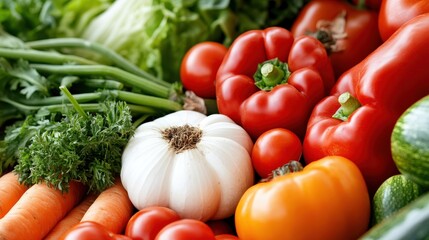 A colorful collection of fresh vegetables, including peppers, tomatoes, and garlic, is artistically displayed, showcasing the beauty and diversity of produce.