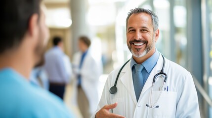 A doctor interacts warmly with a colleague, gesturing and smiling broadly in a busy hospital hallway, conveying care, professionalism, and effective communication.